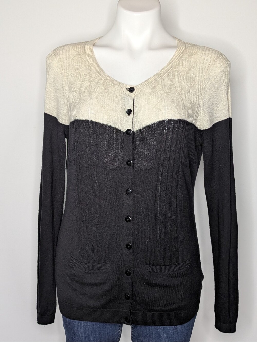 Anthro Sparrow Black White Lightweight Sheer Knit Button Up Cardigan Sweater L